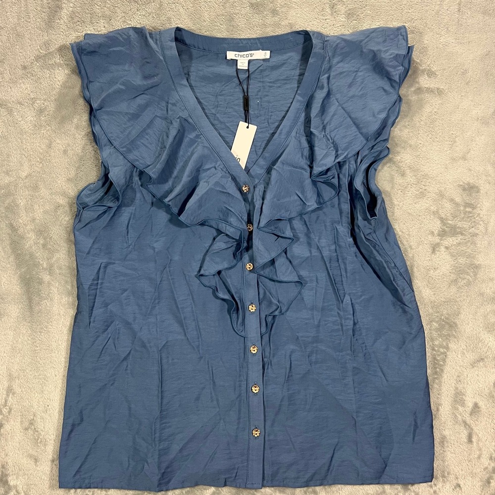 CHICO'S Ruffle Blouse Women S Blue Lotus NWT Blue V-Neck Button Front Cap Sleeve